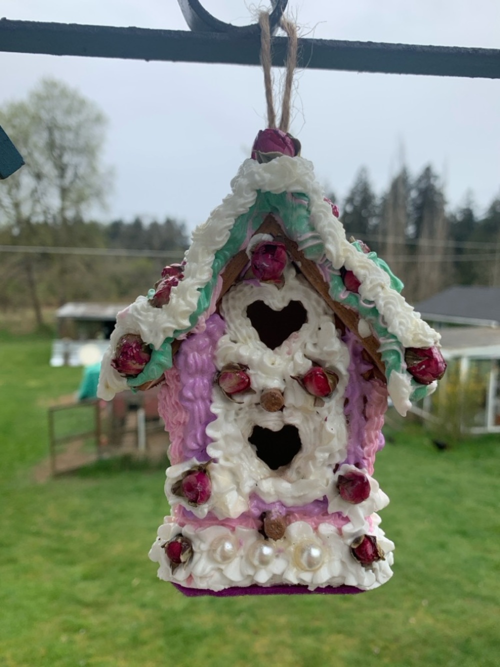 cute Candy cake fantasy Bird house sculpture with genuine roses